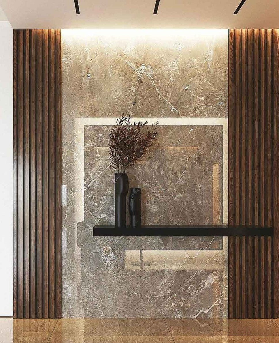 Marble feature wall framed by timber slats with warm lighting