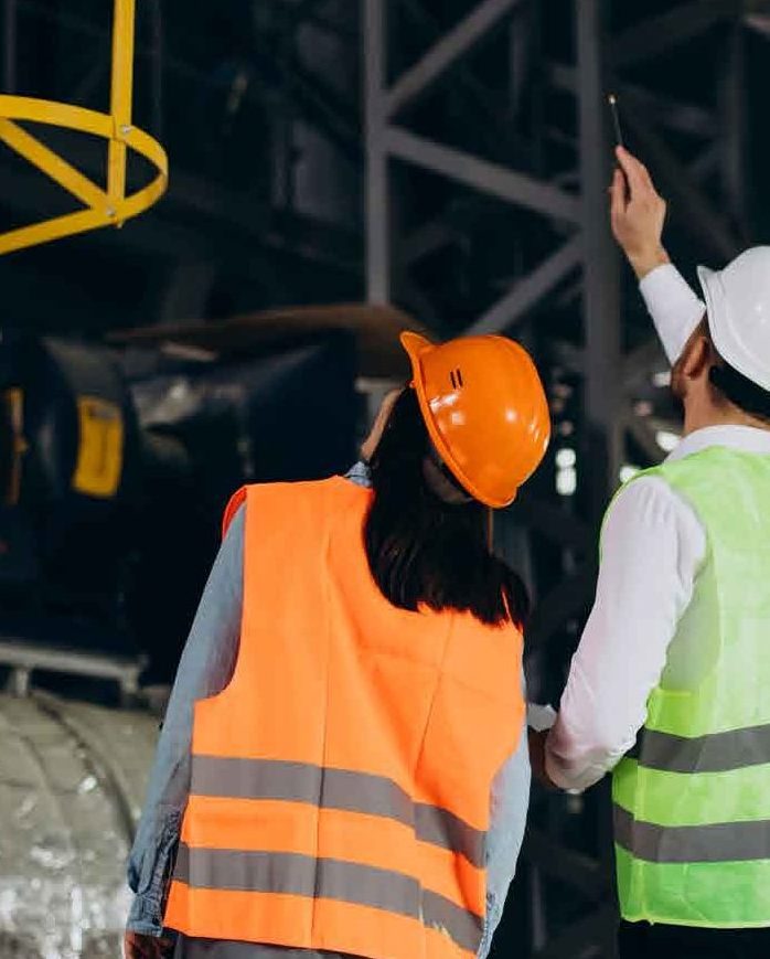 Two engineers in hard hats and high-visibility vests reviewing work on site