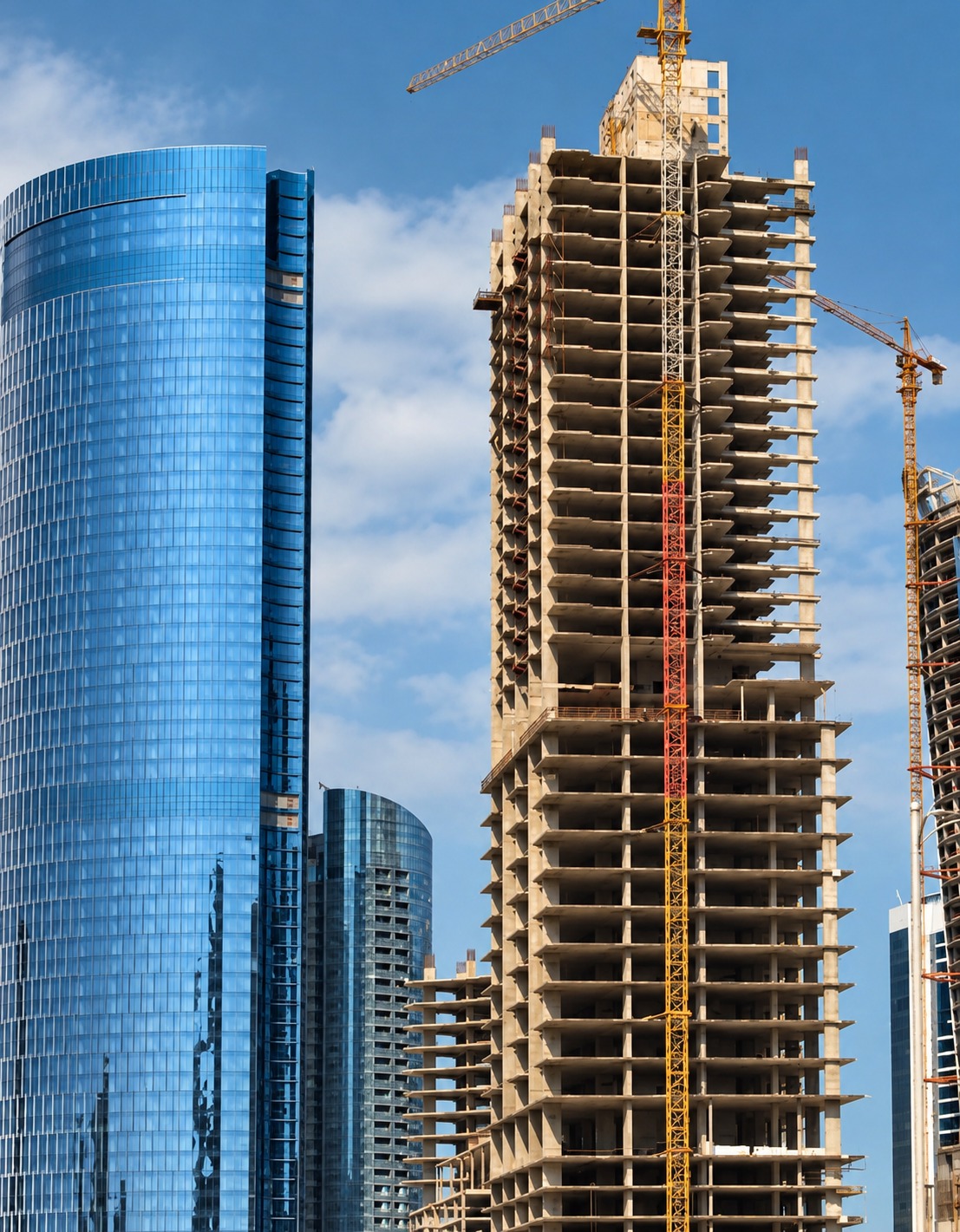 Glass towers and a high-rise under construction with tower cranes